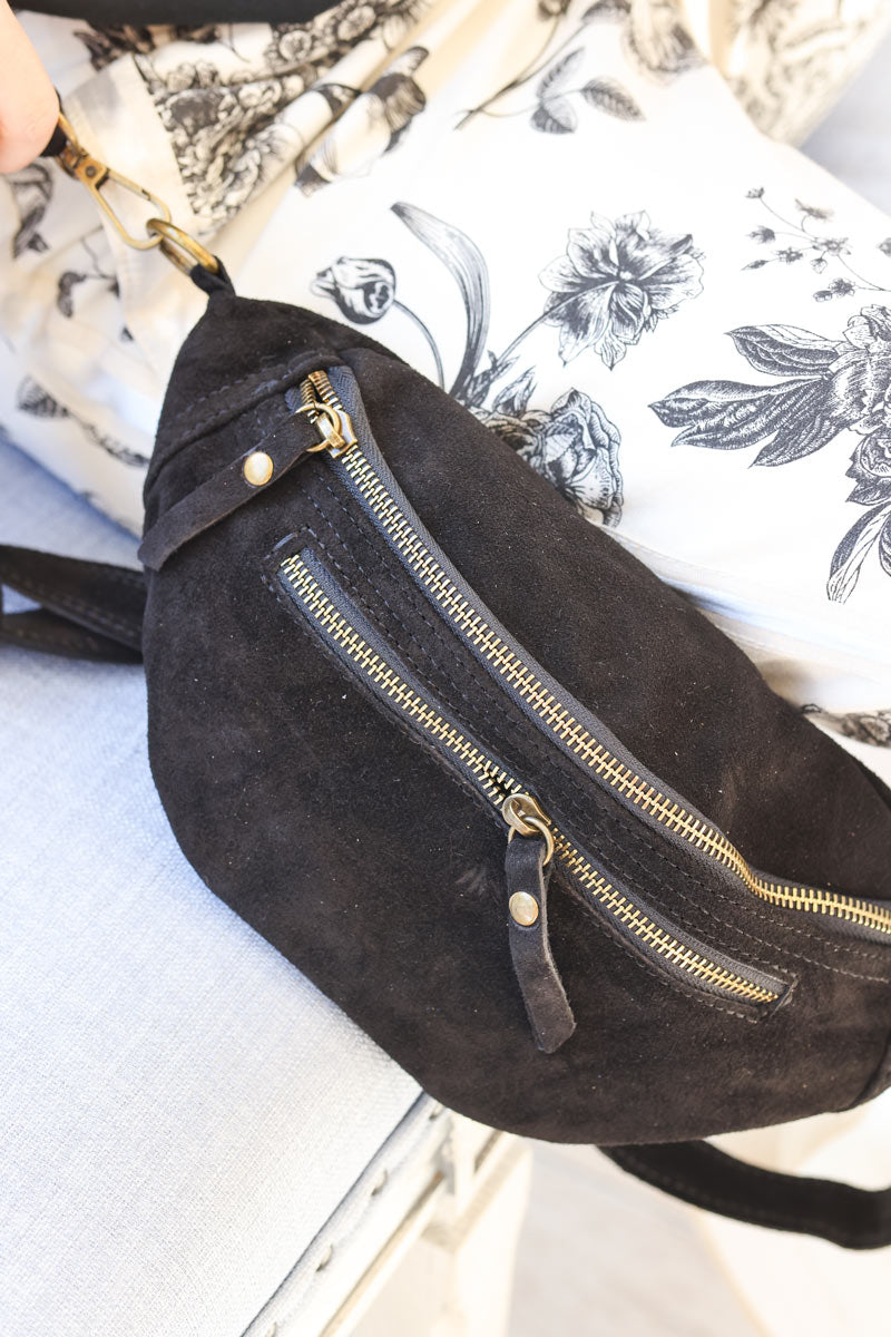 Black suede leather shoulder bag with double zipped pockets