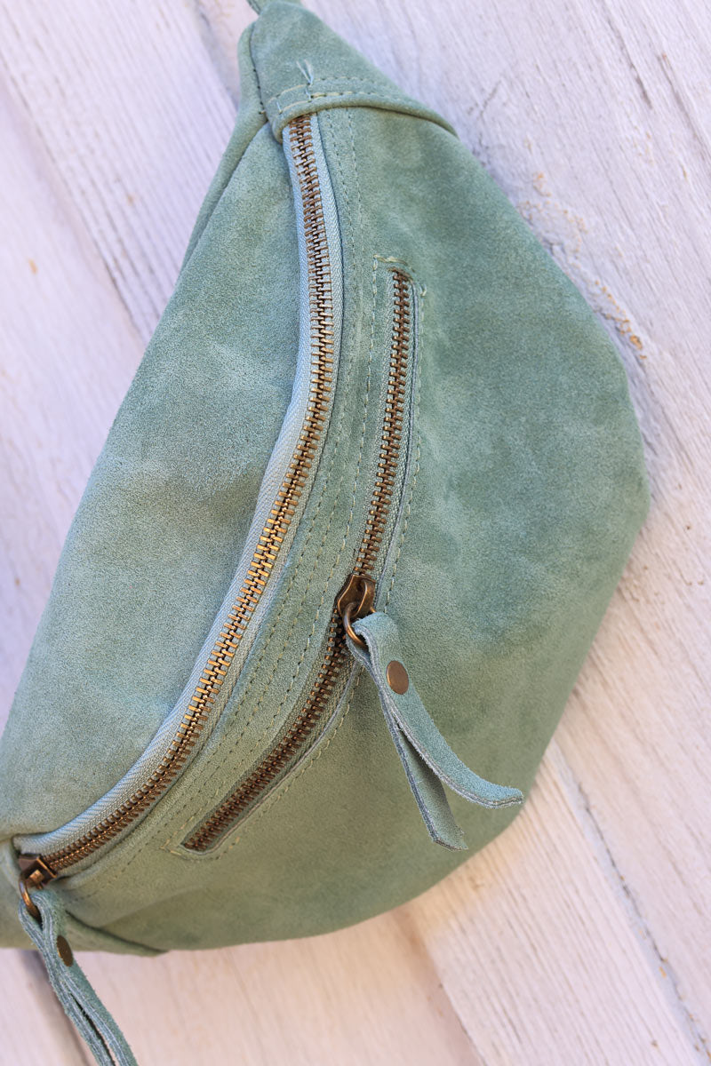 Celadon green suede leather shoulder bag with double zipped pockets