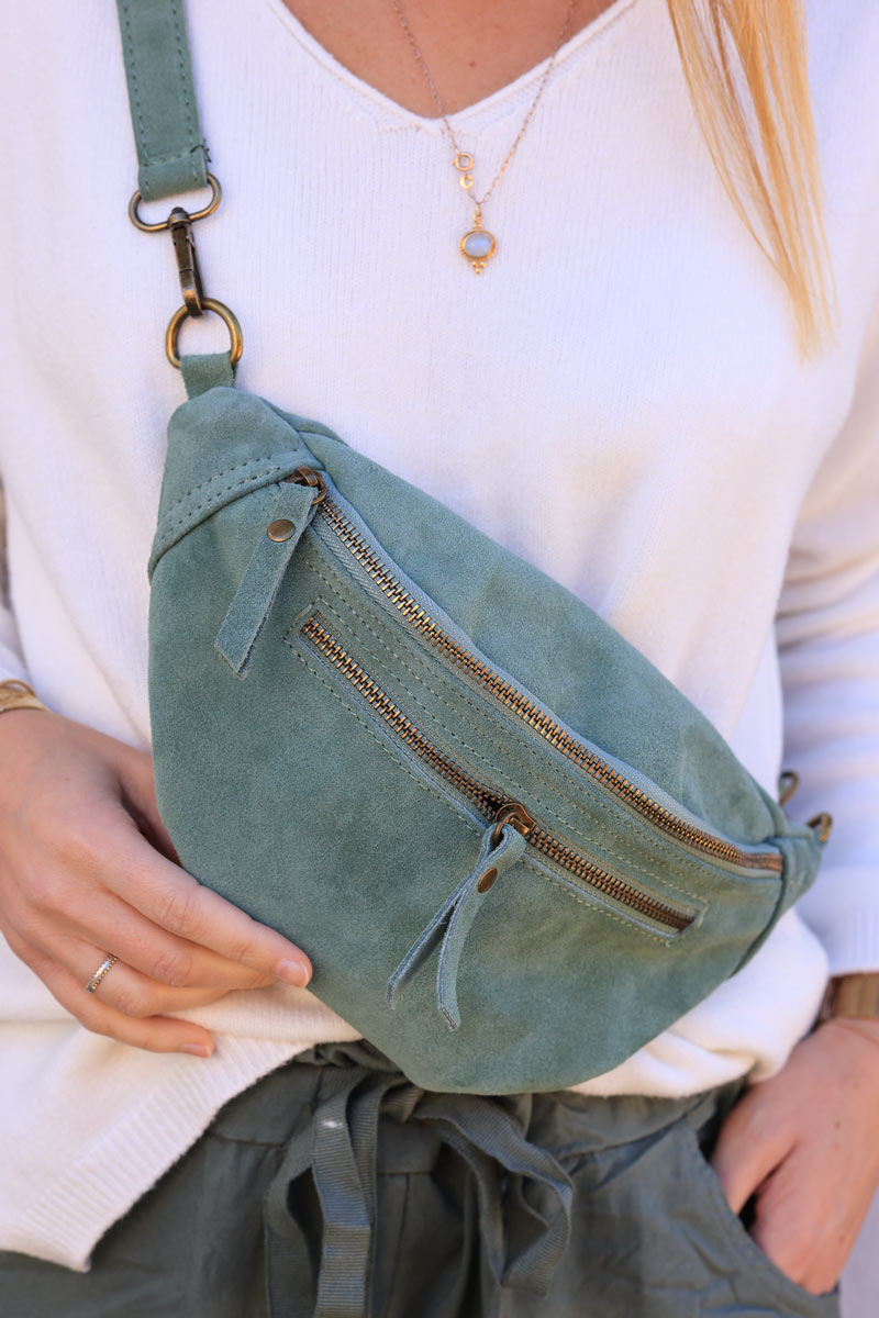 Celadon green suede leather shoulder bag with double zipped pockets