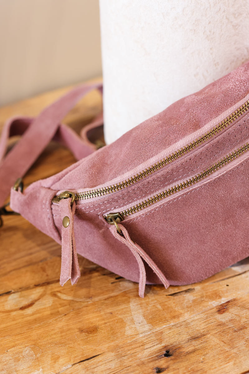Dusty pink suede leather shoulder bag with double zipped pockets