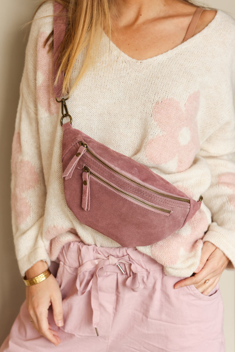 Dusty pink suede leather shoulder bag with double zipped pockets