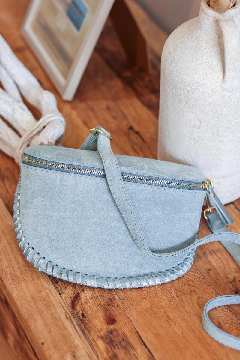 Blue suede leather bum bag fanny pack with metallic stitching