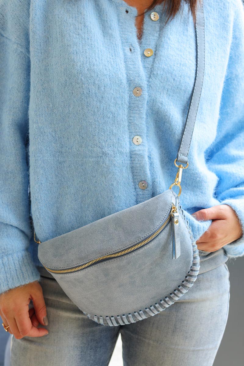 Blue suede leather bum bag fanny pack with metallic stitching