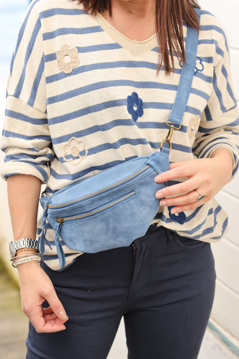 Dusty blue suede leather bumbag fanny pack gold double zip