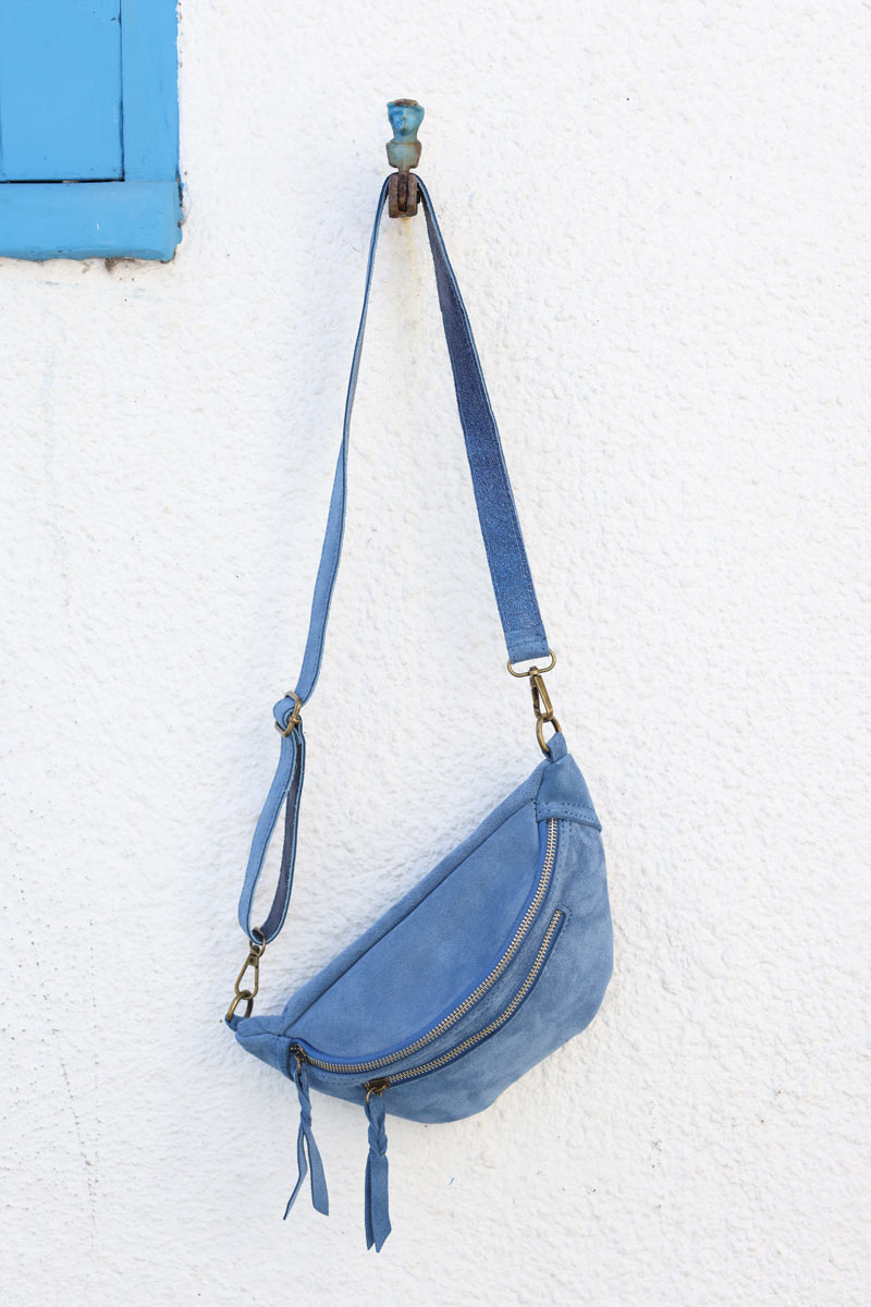 Dusty blue suede leather bumbag fanny pack gold double zip