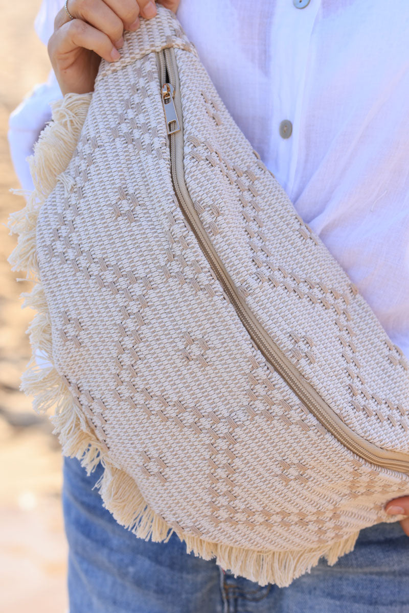 Beige woven cotton bum bag with ethnic print