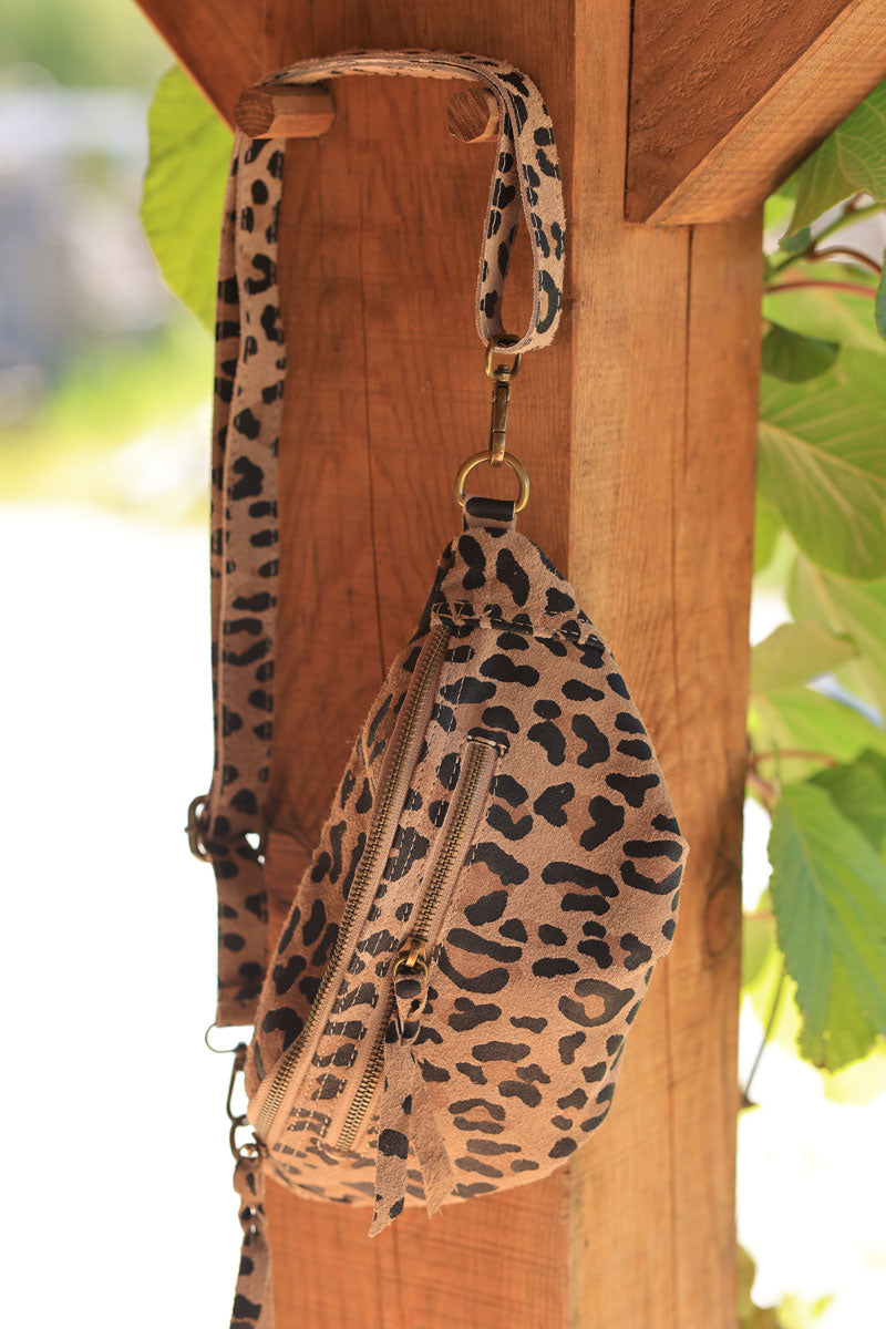 Leopard print leather shoulder bag with double zipped pockets