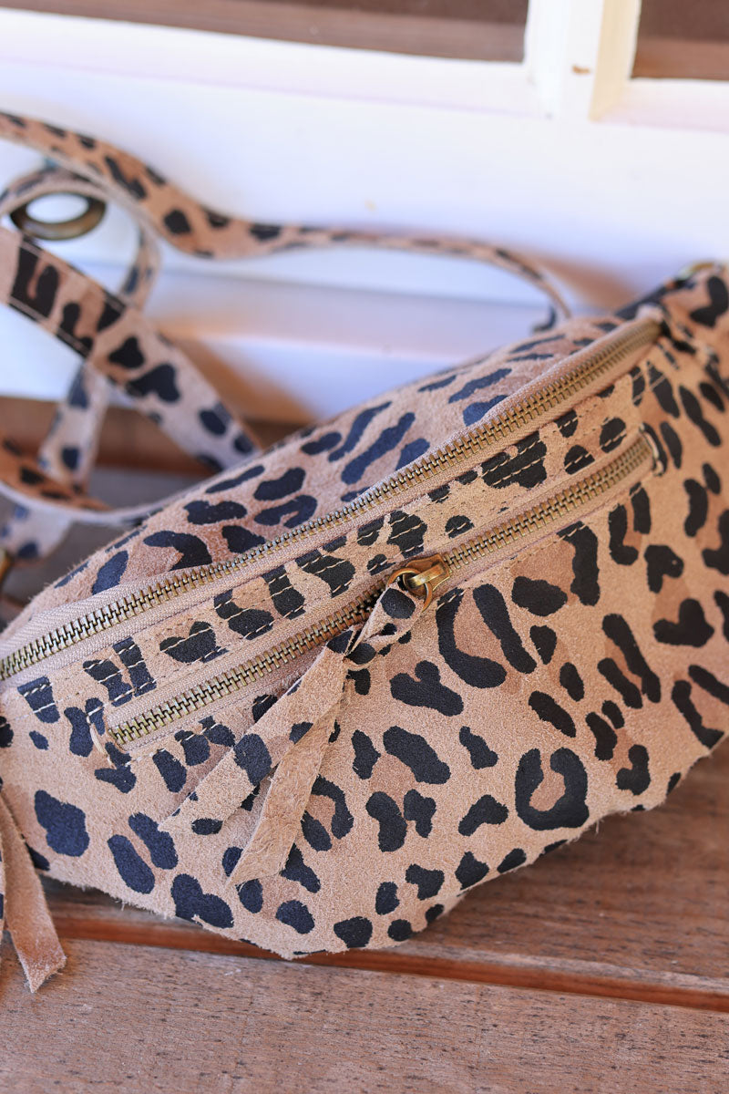 Leopard print leather shoulder bag with double zipped pockets