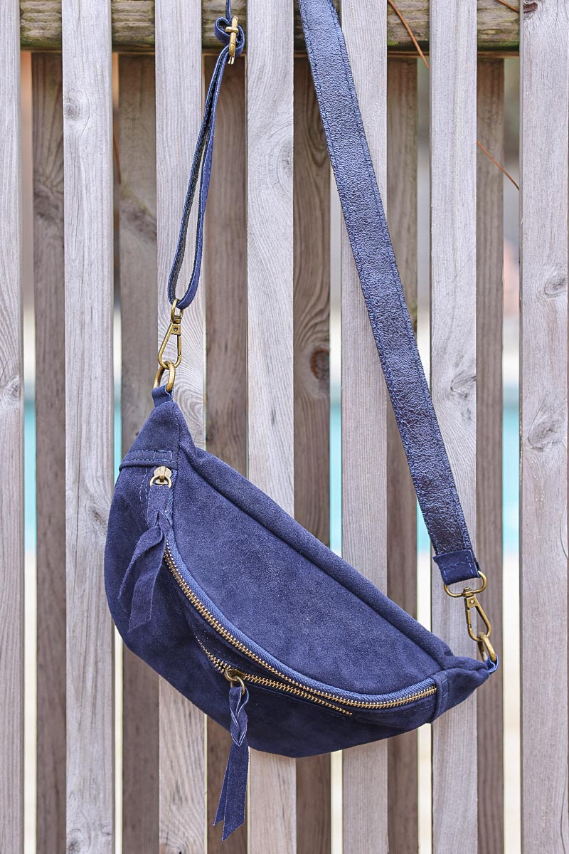 Navy blue suede leather bumbag fanny pack gold double zip