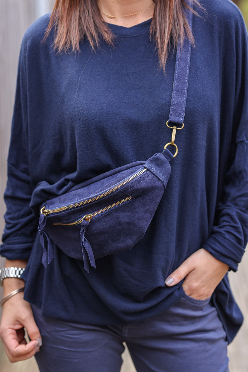 Navy blue suede leather bumbag fanny pack gold double zip