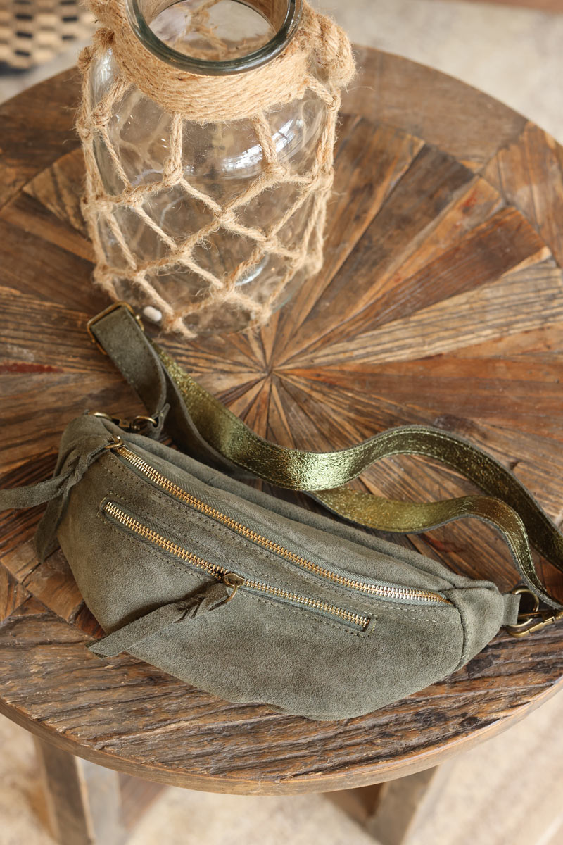 Khaki suede leather bumbag fanny pack gold double zip