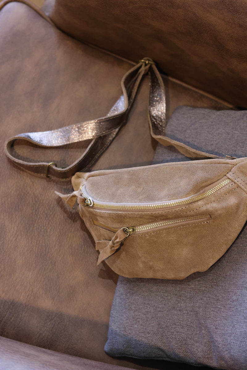 Taupe suede leather bumbag fanny pack gold double zip
