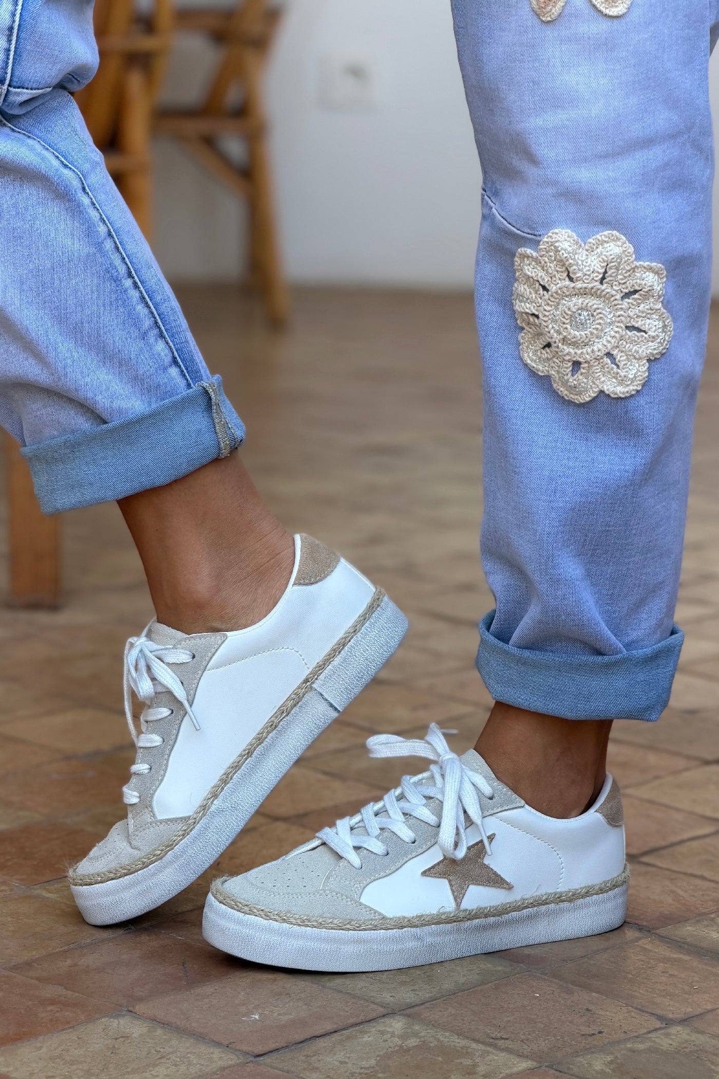 White Retro Star Rope Trim Sneakers
