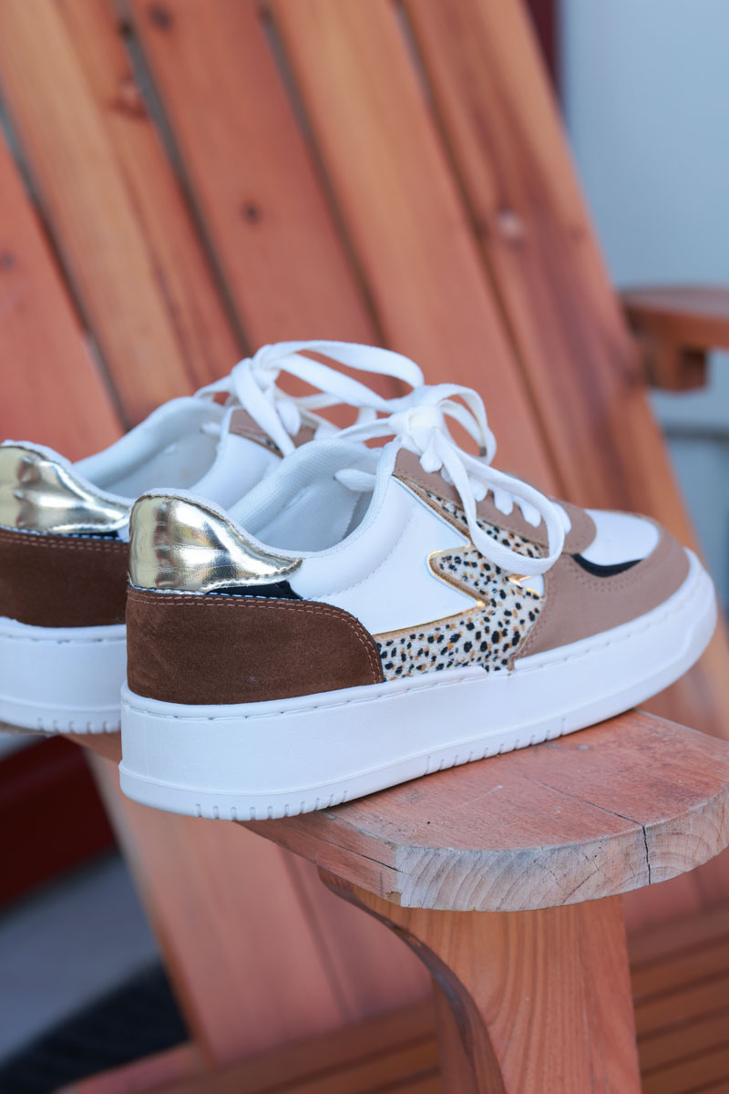 Cream and Brown Vegan Leather Sneakers with Leopard Accent