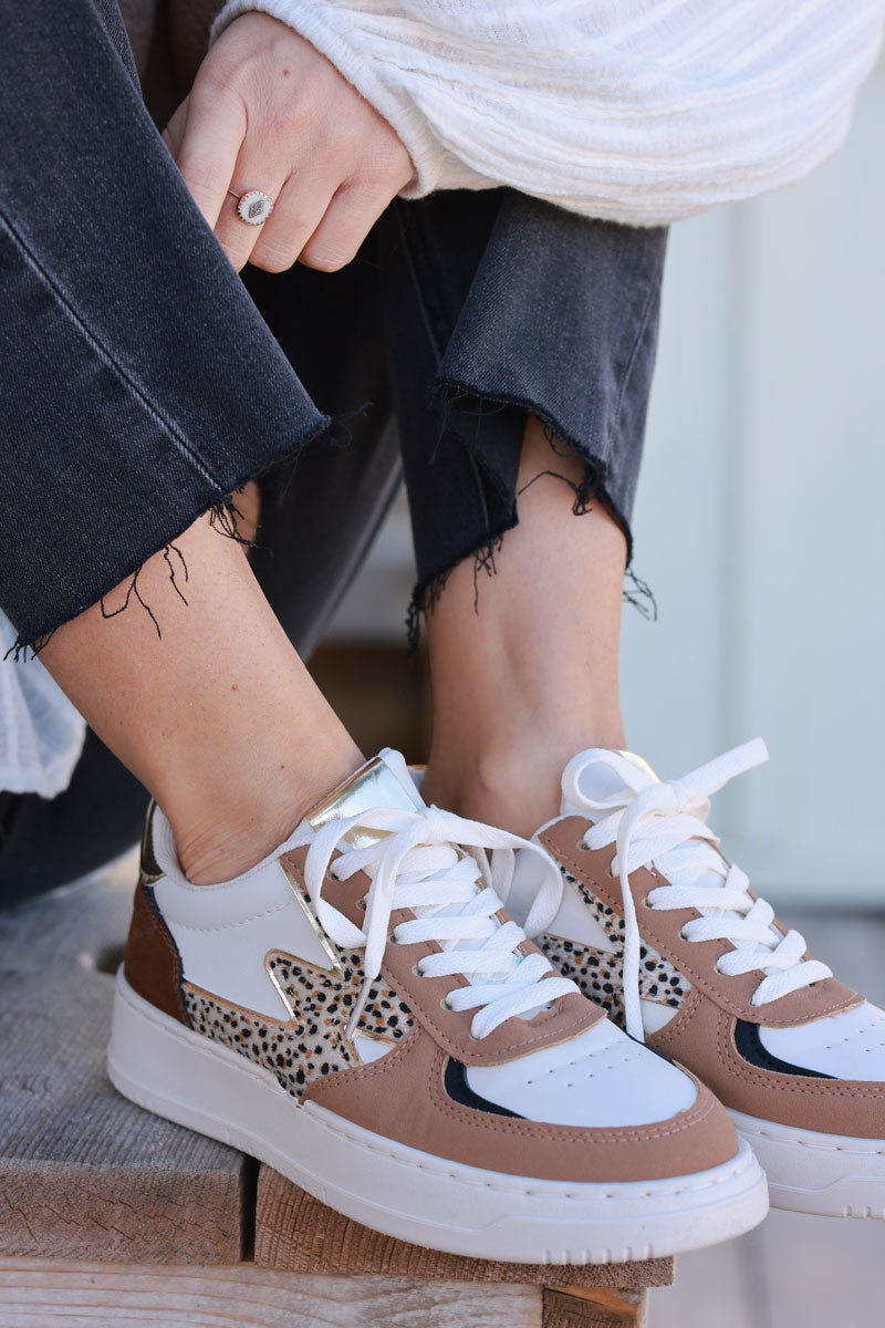 Cream and Brown Vegan Leather Trainers with Leopard Accent