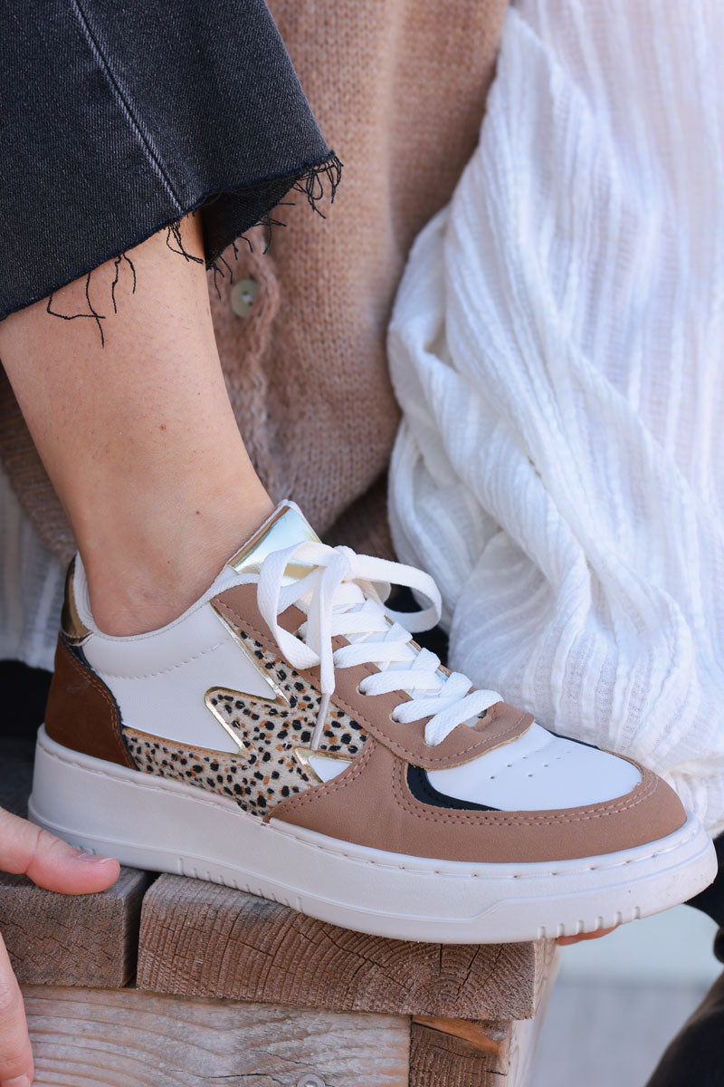 Cream and Brown Vegan Leather Sneakers with Leopard Accent