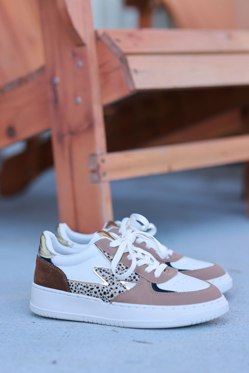 Cream and Brown Vegan Leather Sneakers with Leopard Accent