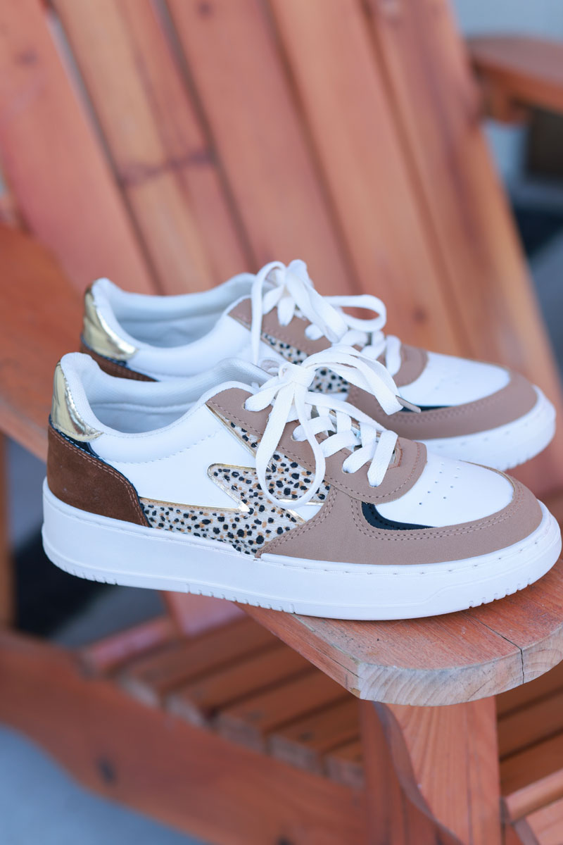 Cream and Brown Vegan Leather Trainers with Leopard Accent