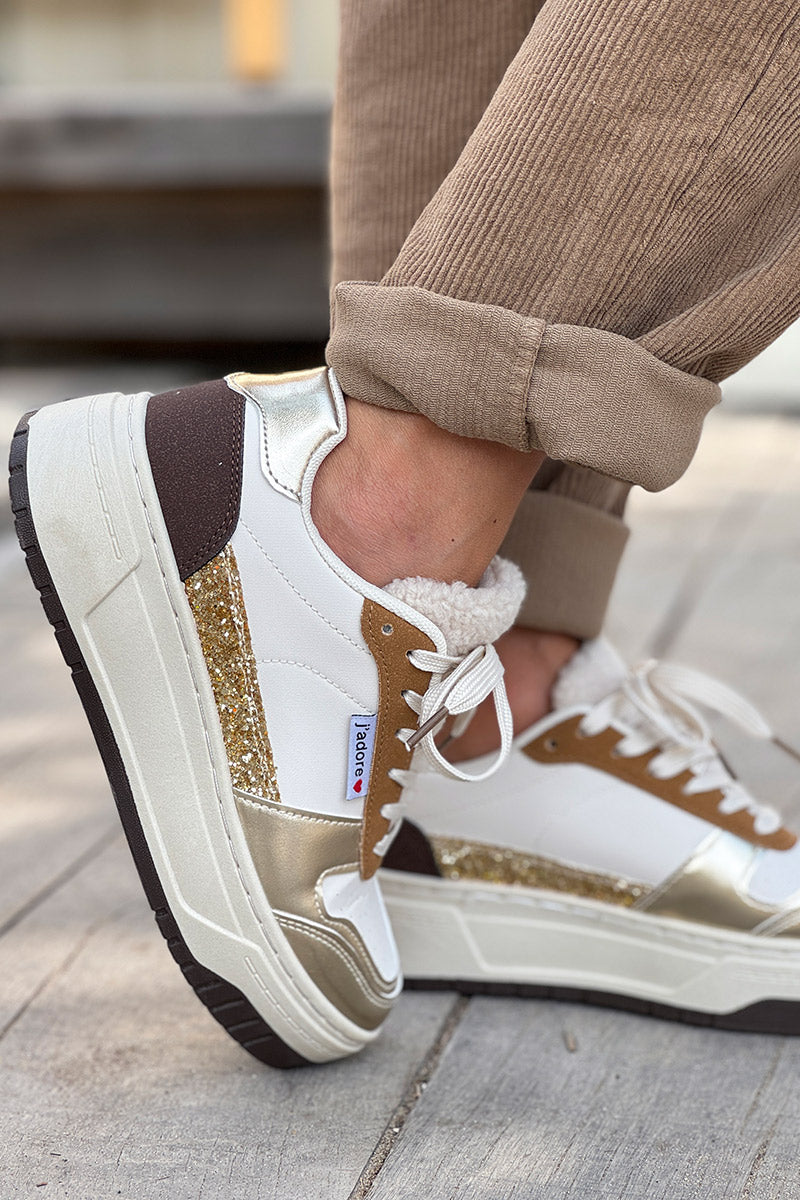White Sherpa Trim Glitter Sneakers