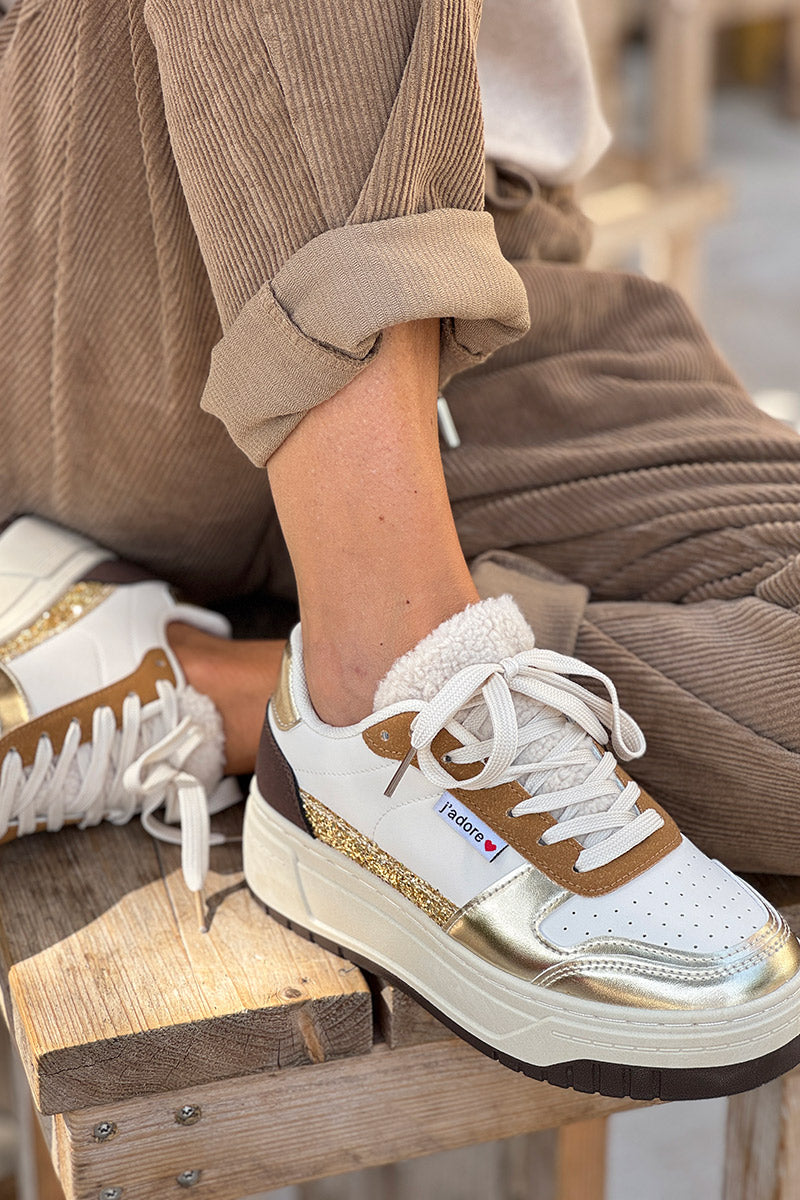 White Sherpa Trim Glitter Sneakers