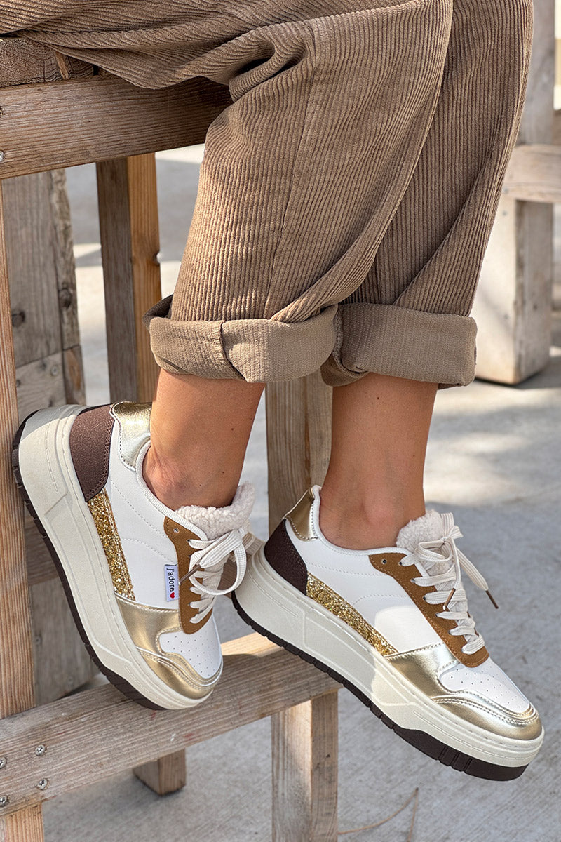 White Sherpa Trim Glitter Sneakers