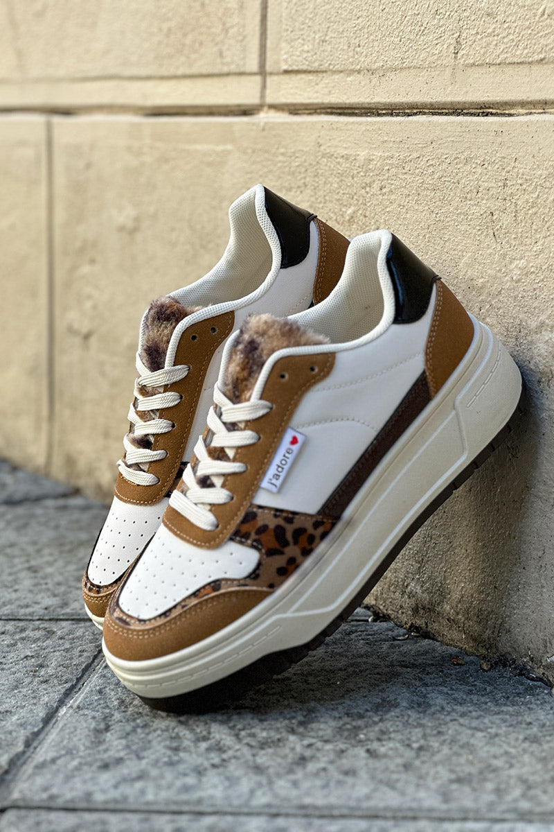 Baskets beige à plateforme compensée empiècements léopard et camel