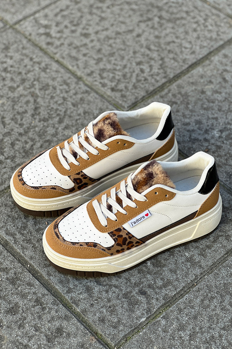 Baskets beige à plateforme compensée empiècements léopard et camel
