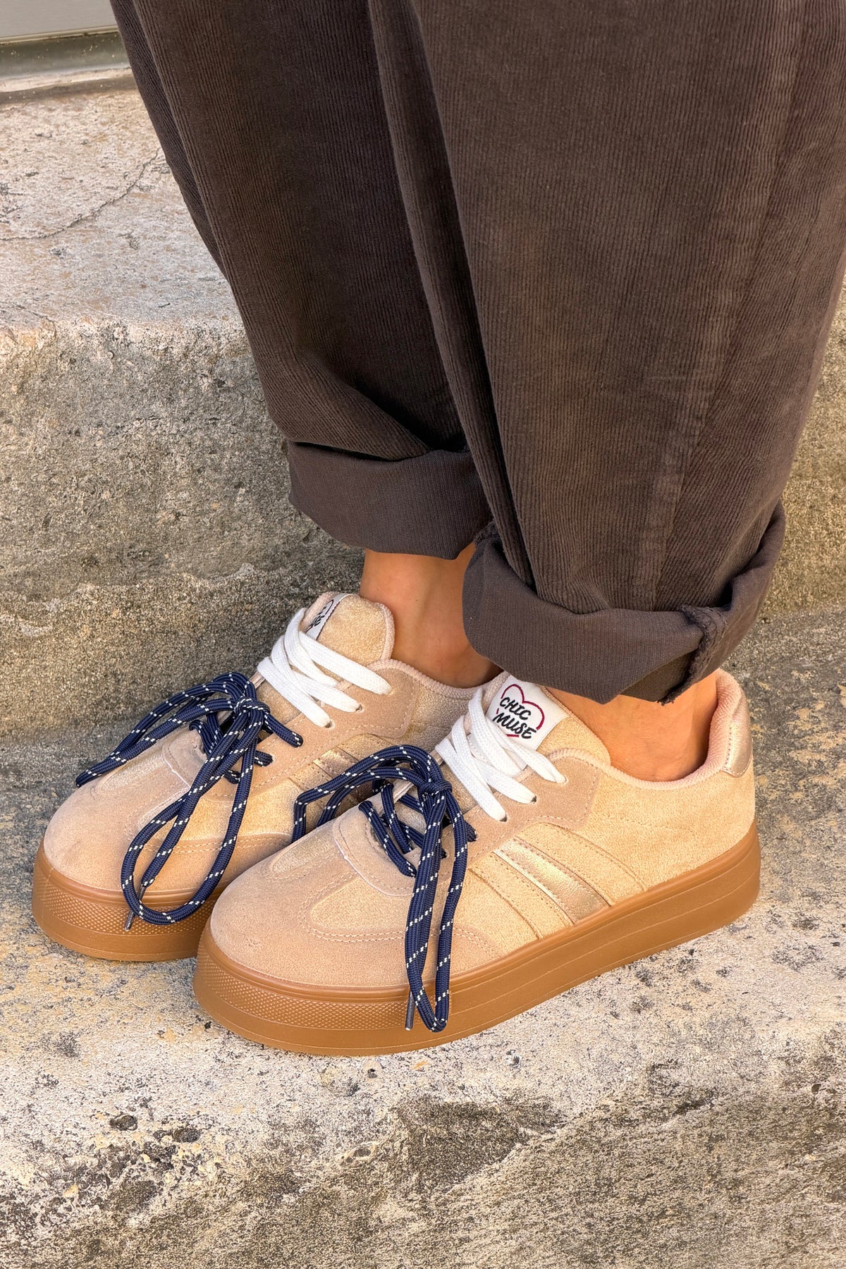 Beige Suedette Double Laced Skate Sneakers
