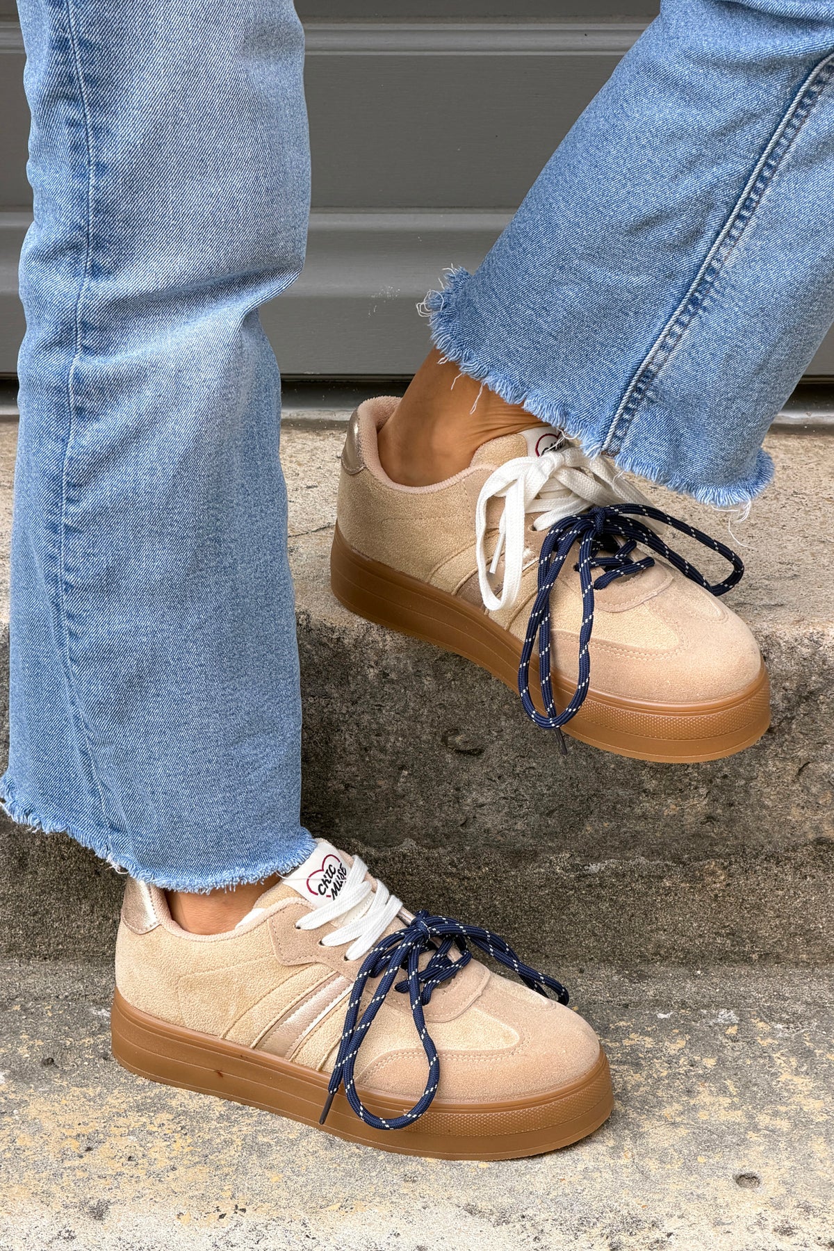 Beige Suedette Double Laced Skate Sneakers
