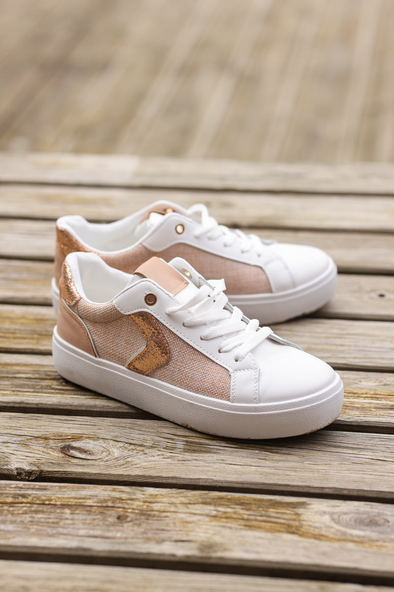 White sneakers with rose gold and beige details