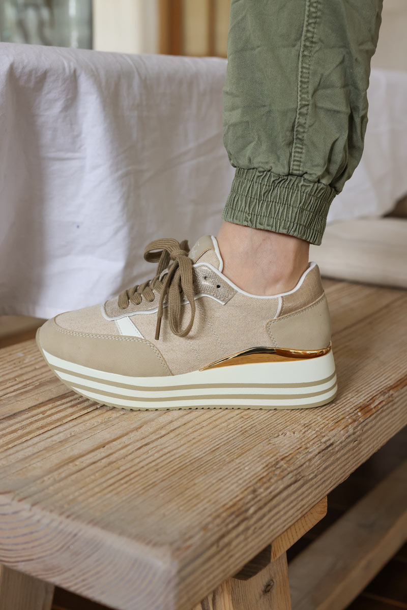 Beige and gold running style platform sneakers