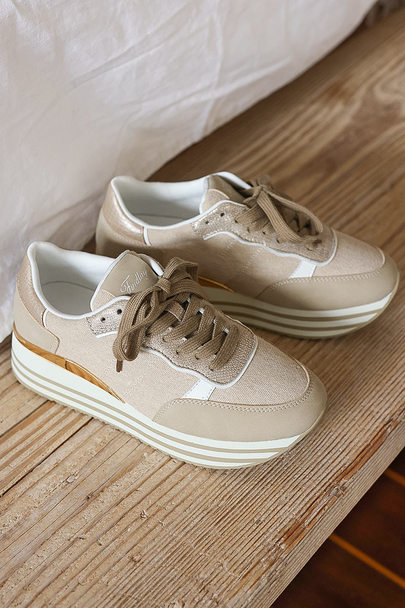 Beige and gold running style platform sneakers
