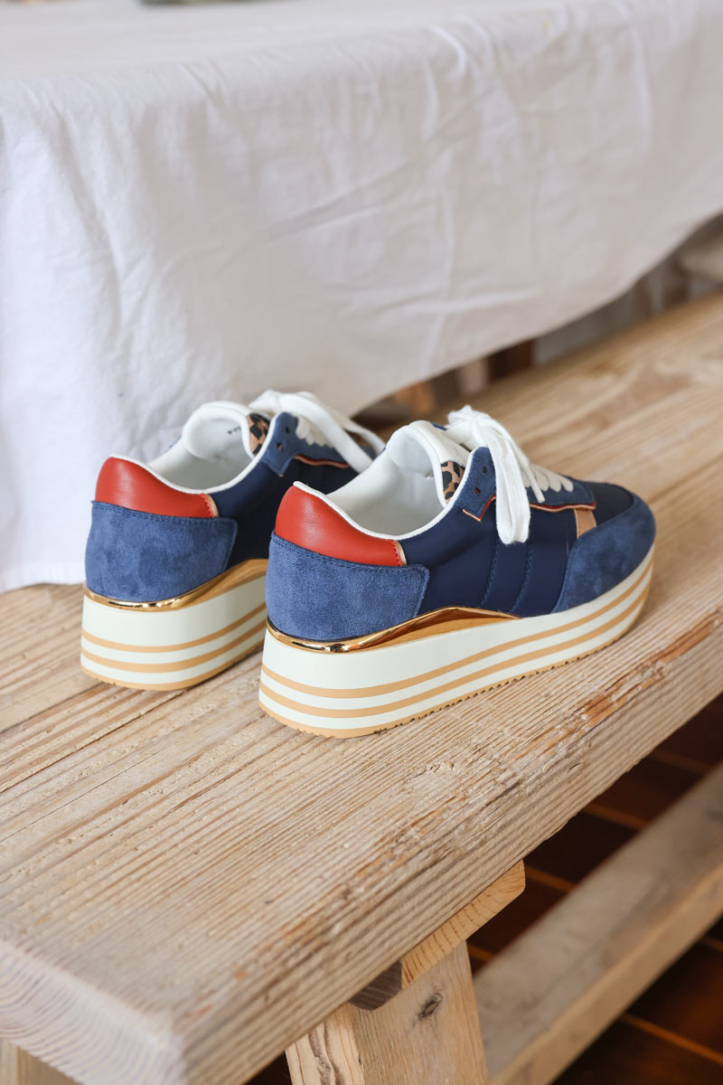 Navy blue and gold running style platform sneakers