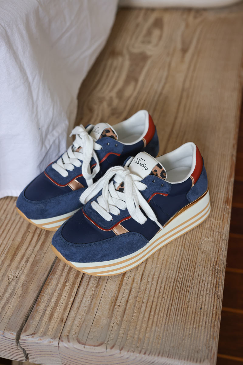 Navy blue and gold running style platform sneakers