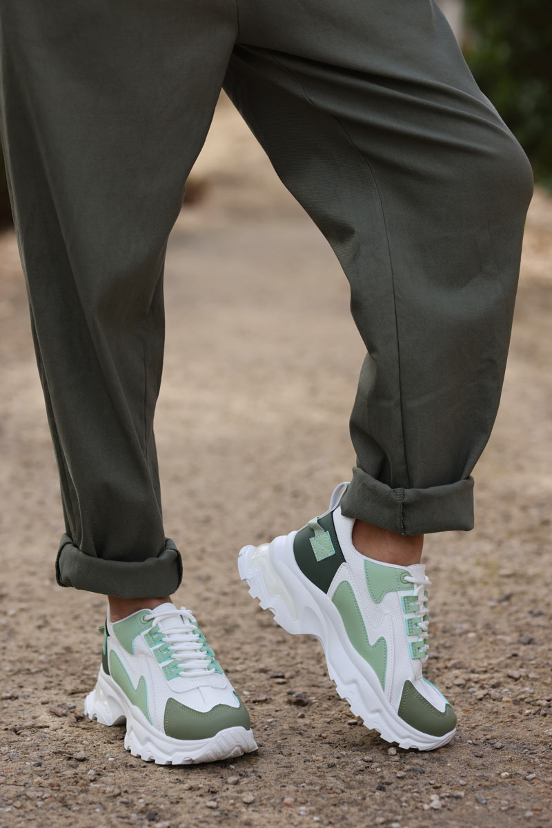 Khaki and water green sneakers with chunky sole