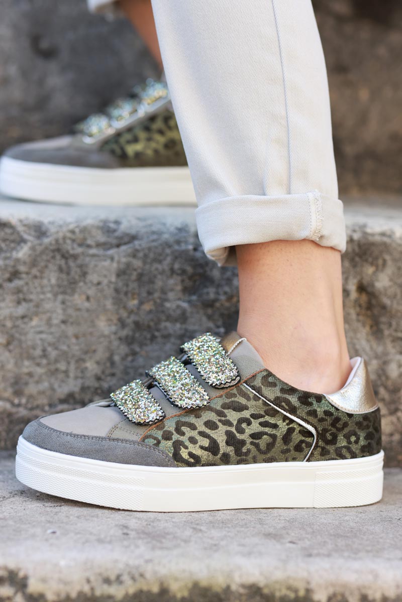 Khaki leo print style trainers and velcro straps