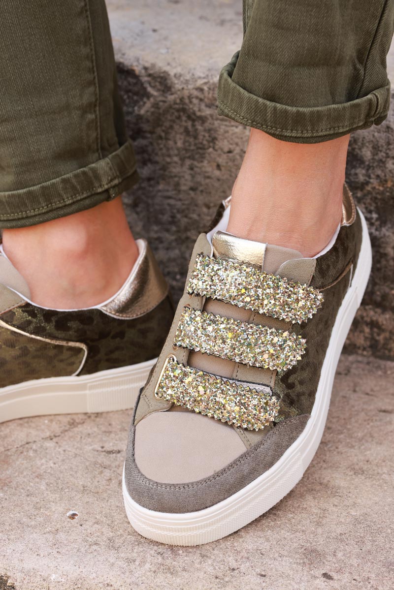 Khaki leo print style trainers and velcro straps