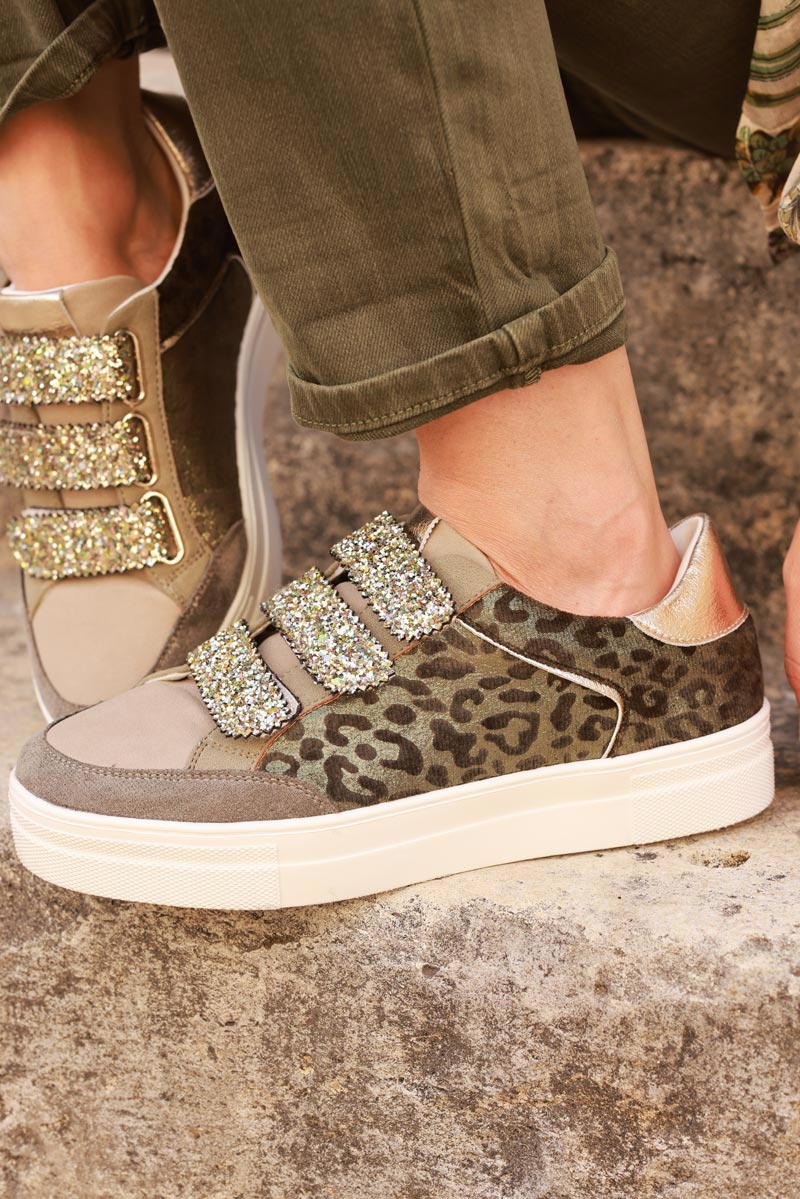 Khaki leo print style trainers and velcro straps