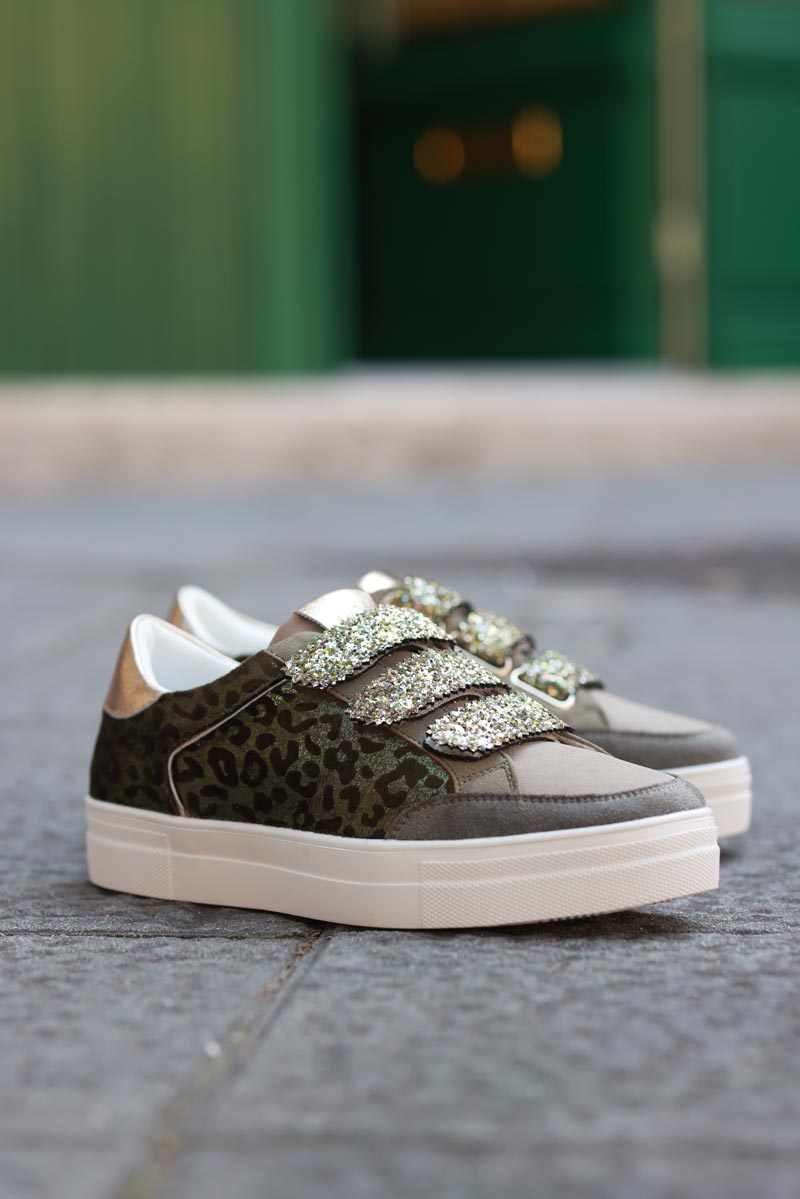 Khaki leo print style trainers and velcro straps