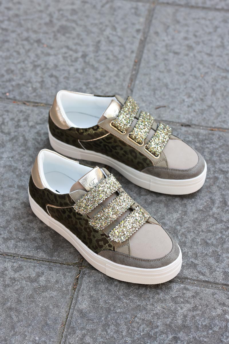 Khaki leo print style trainers and velcro straps