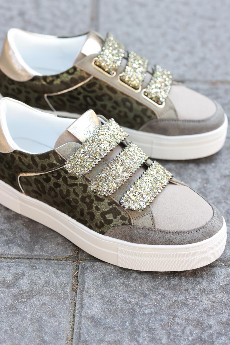 Khaki leo print style trainers and velcro straps