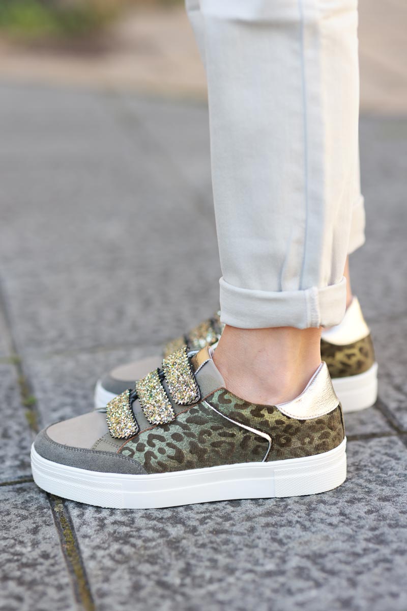 Khaki leo print style trainers and velcro straps