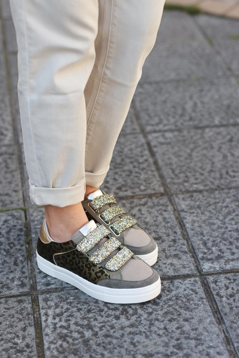 Khaki leo print style trainers and velcro straps