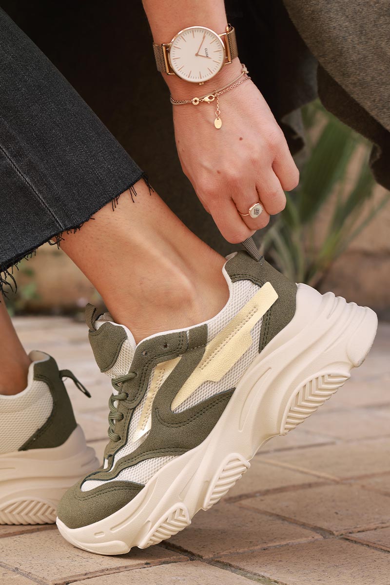 Olive and Taupe Chunky Heel Futuristic Sport Sneakers