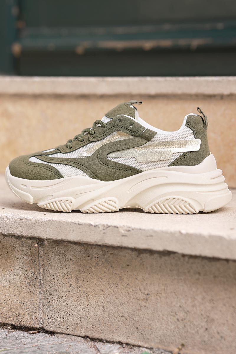 Olive and Taupe Chunky Heel Futuristic Sport Trainers