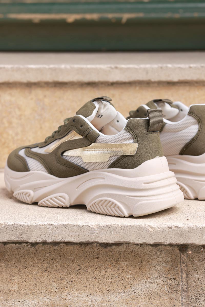 Olive and Taupe Chunky Heel Futuristic Sport Trainers