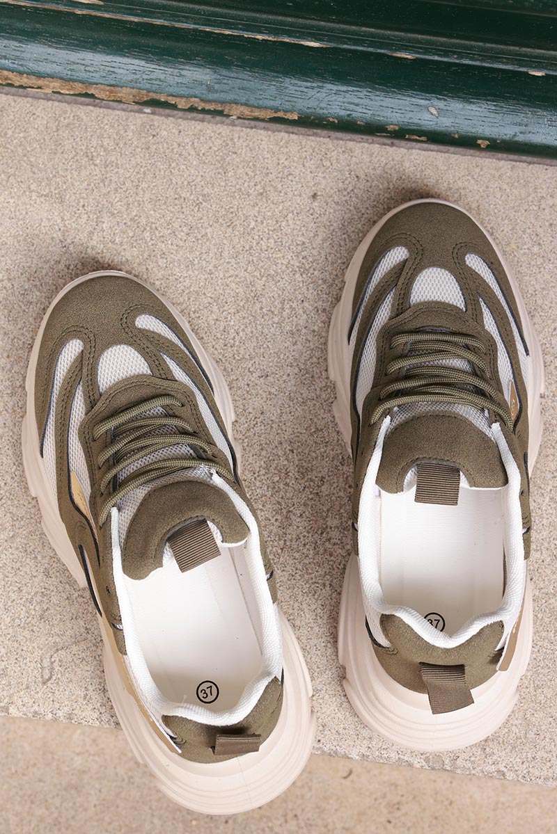 Olive and Taupe Chunky Heel Futuristic Sport Trainers