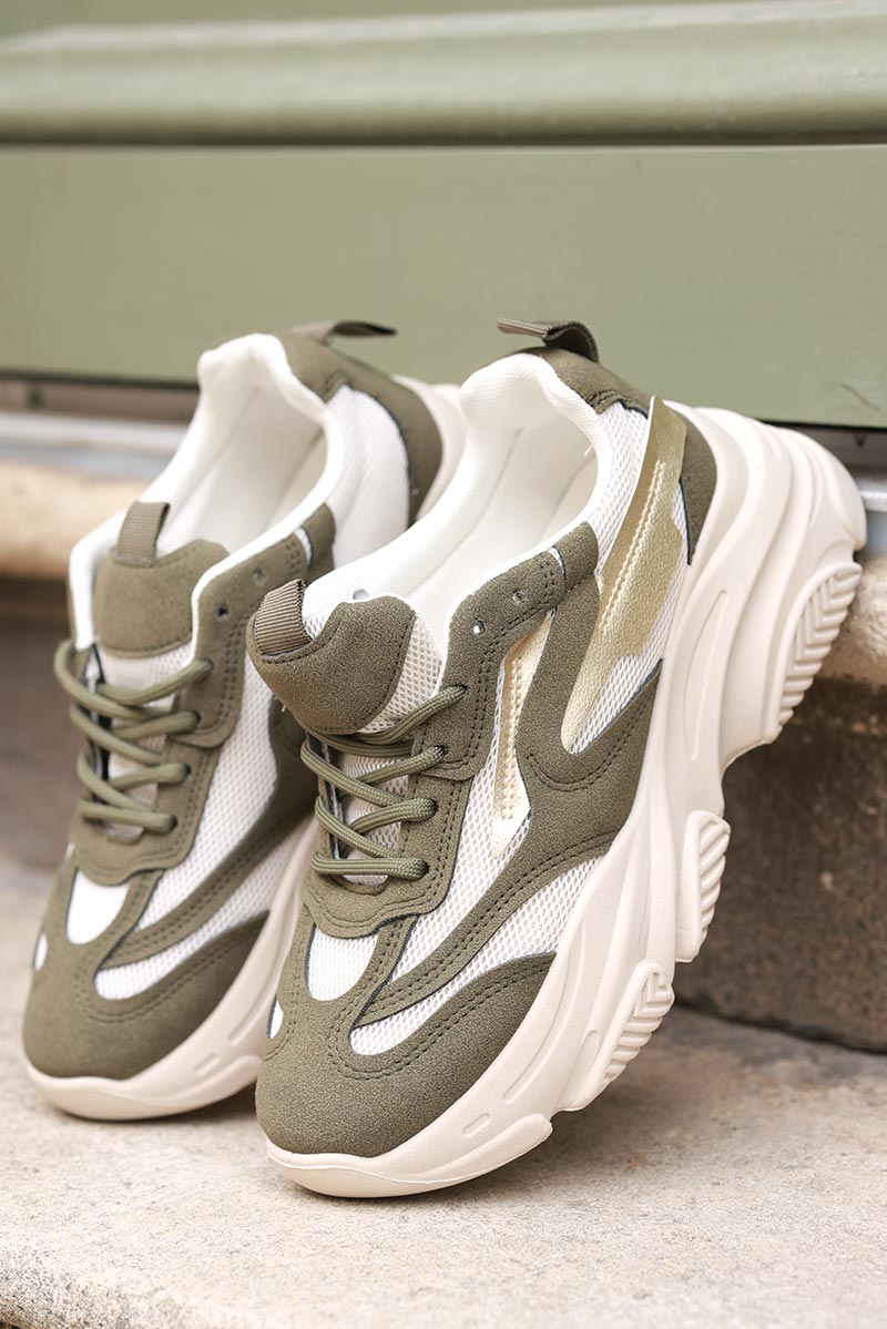 Olive and Taupe Chunky Heel Futuristic Sport Sneakers