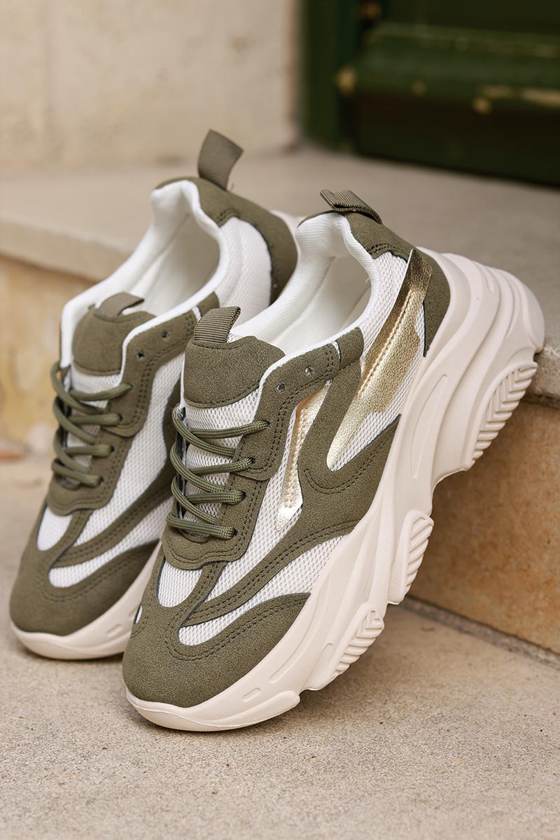 Olive and Taupe Chunky Heel Futuristic Sport Trainers