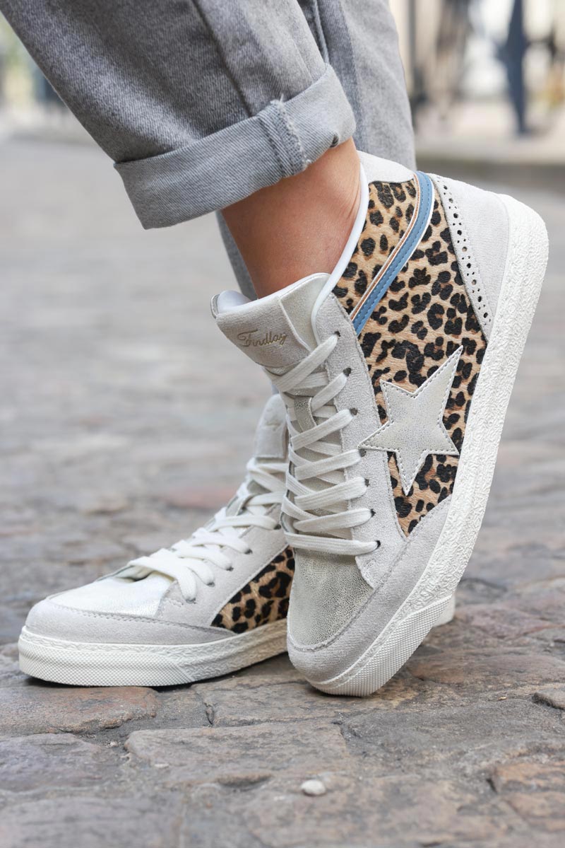 Zapatillas altas con cremallera gris plateado con estampado de estrellas y leopardo